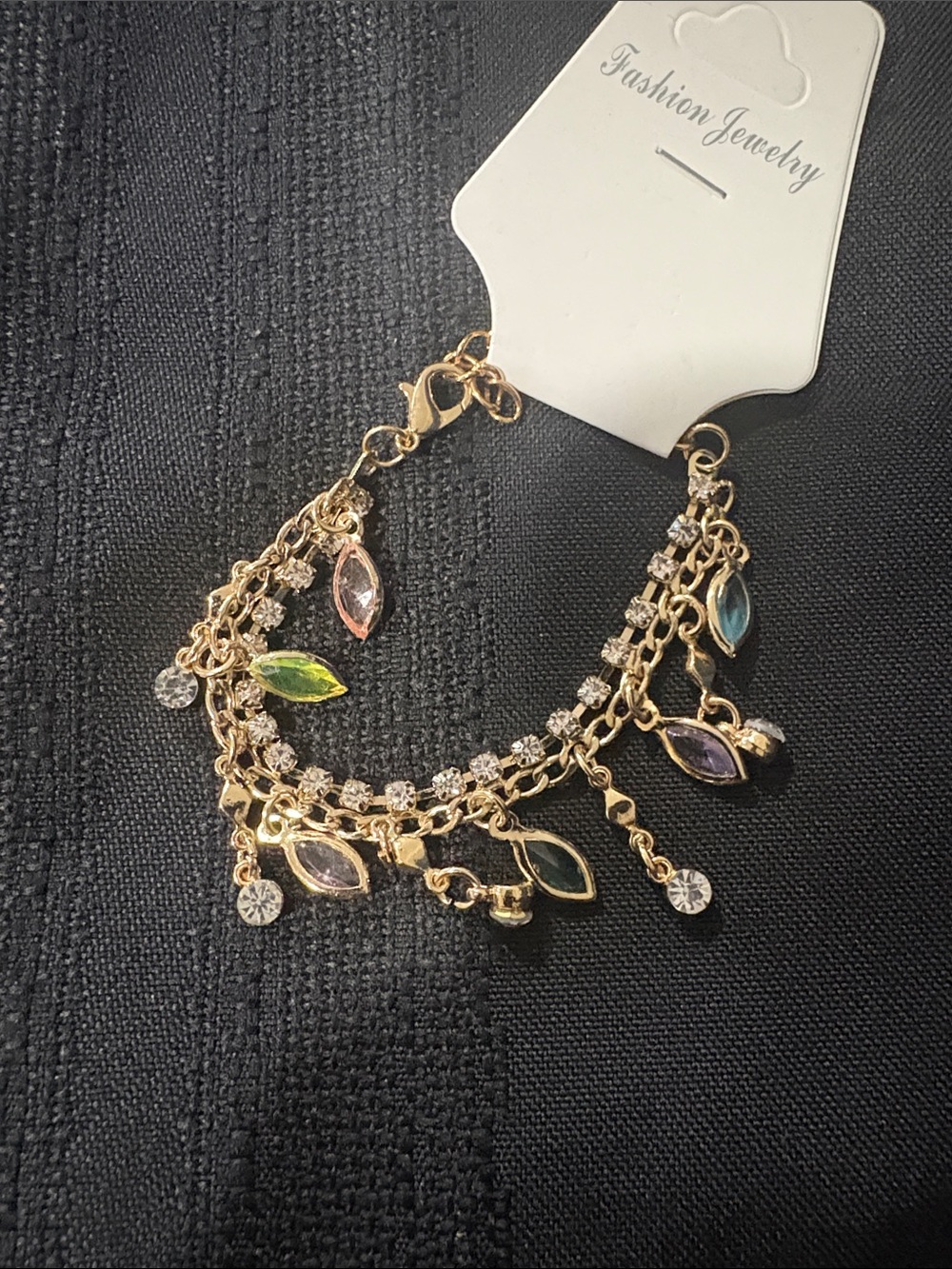 Fashion Jewelry Gold-Tone Bracelet with Pink, Green, Blue and Purple Charms